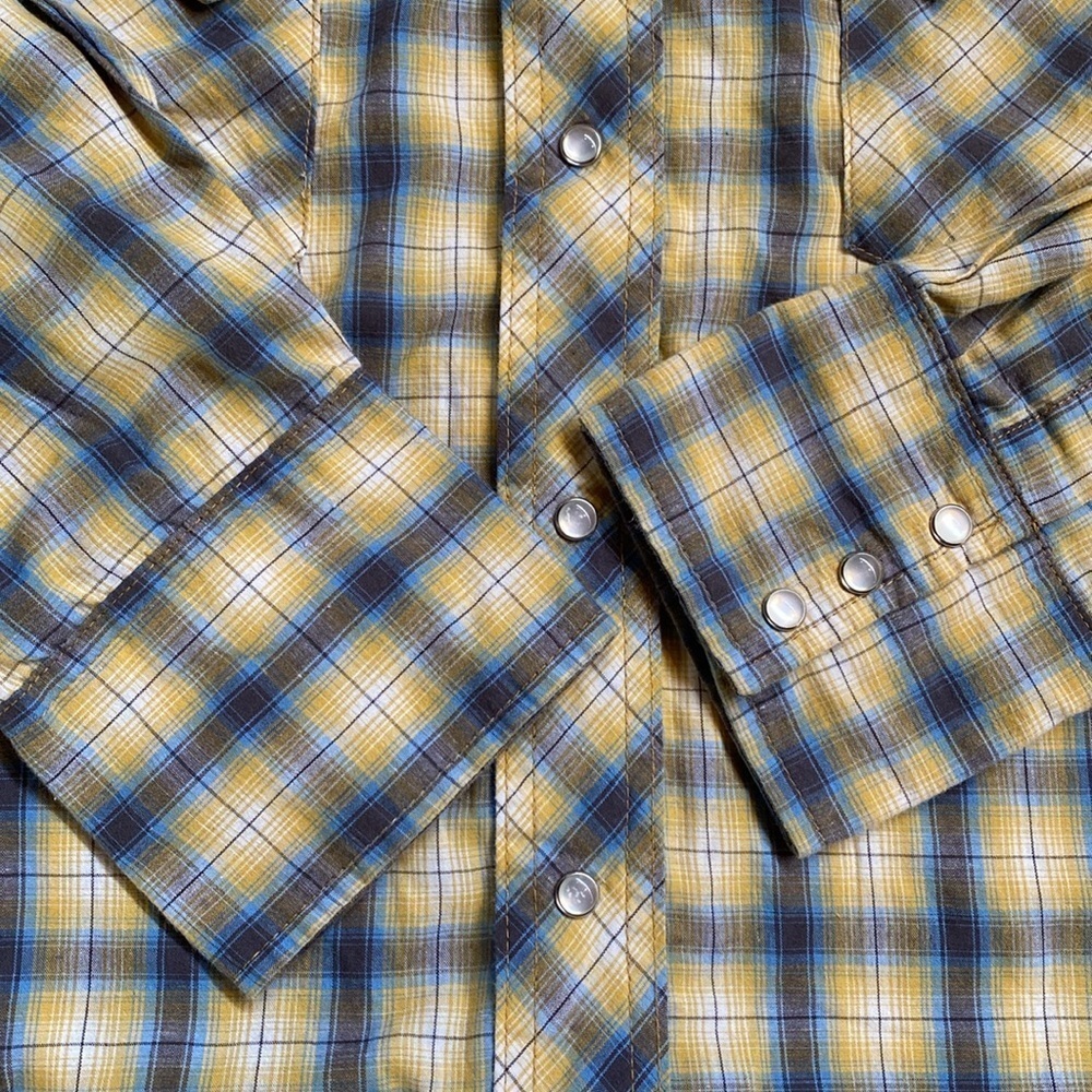 Wrangler Western Pearl Snap Shirt L/S Sawtooth Pockets Yellow Blue Gray Plaid L
